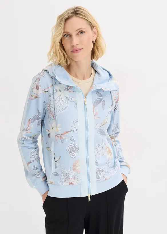 Sweatjacke aus weichem Baumwoll-Mix in blau von vorne (im Anschnitt) - bonprix
