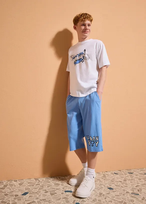Loose Fit T-Shirt und Jersey-Longbermuda (2-tlg.Set) in weiß von vorne (Totalaufnahme) - bonprix