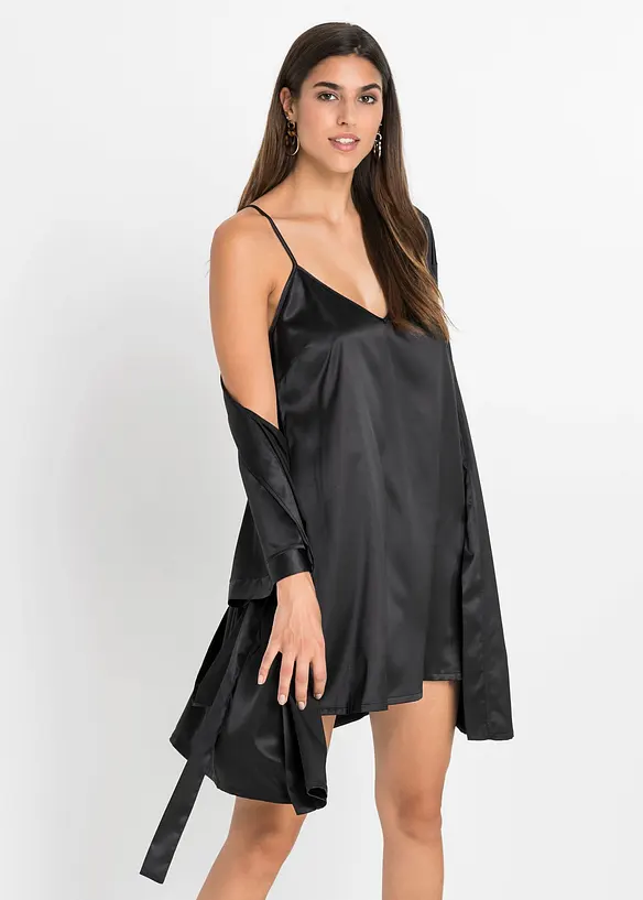 Morgenmantel-Set: Kimono + Negligé (2-tlg.Set) in schwarz von vorne (Totalaufnahme) - bonprix