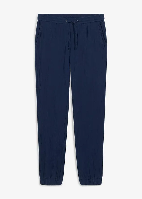 Regular Fit Schlupfhose aus weichem Musselin, Tapered in blau von vorne - bonprix