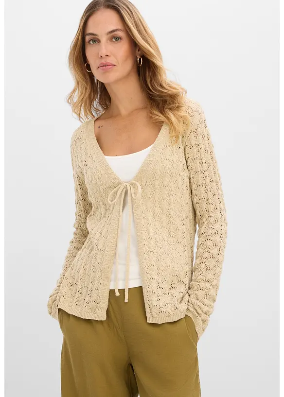 Ajour-Strickjacke aus reiner Baumwolle	 in beige von vorne (im Anschnitt) - bonprix