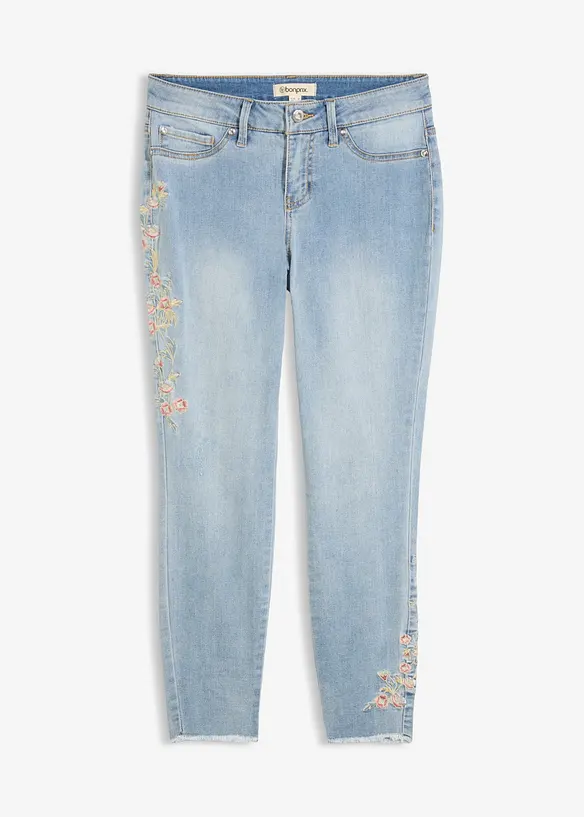 Skinny-Jeans Mid Waist, cropped in blau von vorne - bonprix