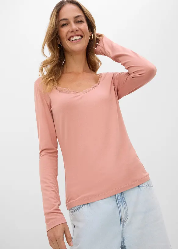 Langarmshirt aus softem Viskose-Mix in rosa von vorne (im Anschnitt) - bonprix