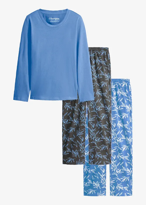 Pyjama (3-tlg.Set) aus reiner Baumwolle in blau von vorne - bonprix
