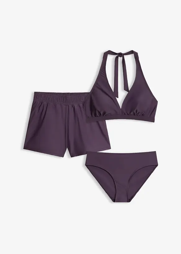 Bikini und Badeunterteil (3-tlg.Set) in lila von vorne - bonprix