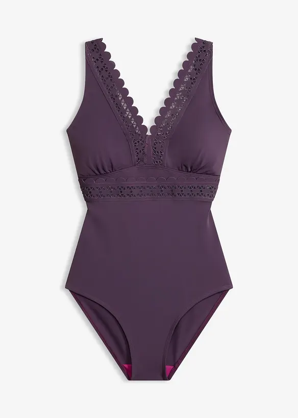 Badeanzug mit Laser-Cut Einsätzen in lila von vorne - bonprix