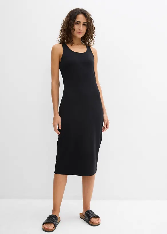 Trägerkleid aus Bio- Baumwoll-Stretch in schwarz von vorne (Totalaufnahme) - bonprix