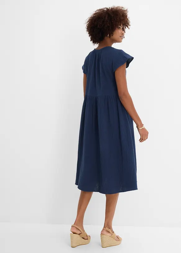 Musselin-Midikleid aus reiner Baumwolle in blau von hinten (Totalaufnahme) - bonprix
