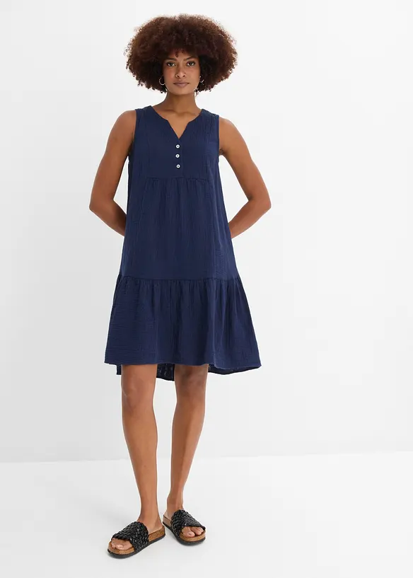 Musselin-Midikleid aus reiner Baumwolle in blau von vorne (Totalaufnahme) - bonprix Musselin-Midikleid aus reiner Baumwolle in blau von vorne (Totalaufnahme) - bonprix