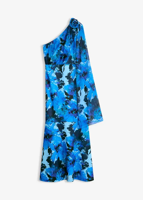 Abendkleid mit One-Shoulder und Blumen-Applikation in blau von vorne - bonprix