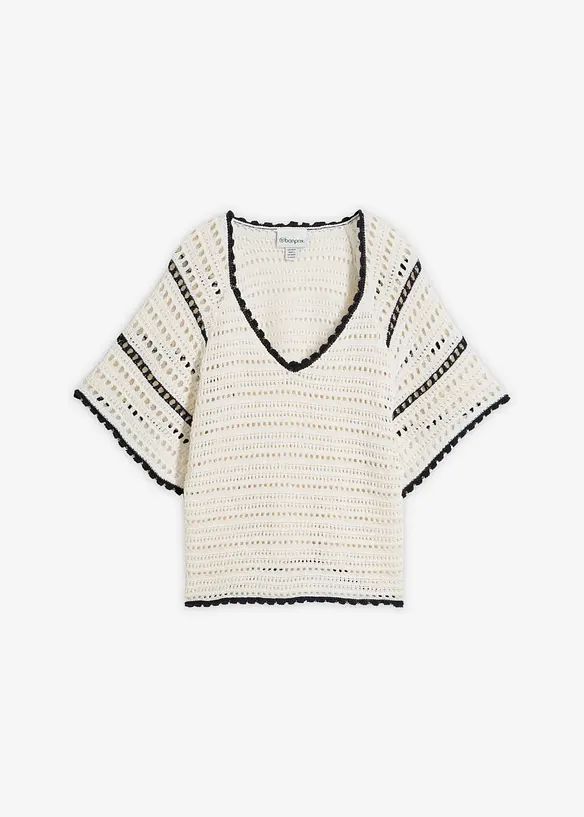 Ajour-Pullover mit Leinenanteil in weiß von vorne - bonprix