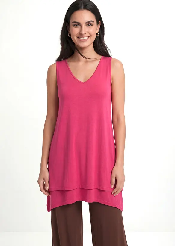 Doppellagiges Long-Top aus Viskose-Mix in pink von vorne (im Anschnitt) - bonprix