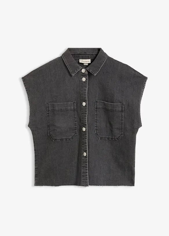 Kurze Boxy-Jeansbluse in schwarz von vorne - bonprix