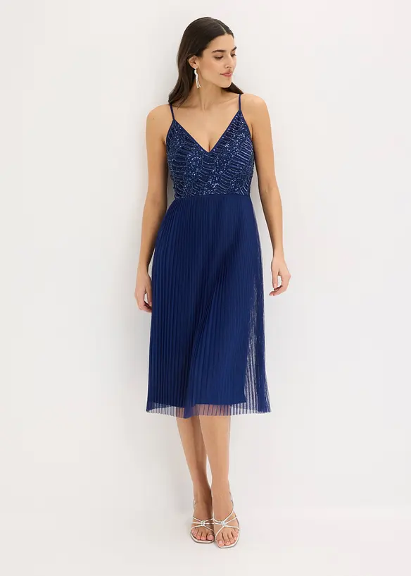Midikleid mit Plissee-Rock und Paillettenstickerei in blau von vorne (Totalaufnahme) - bonprix Midikleid mit Plissee-Rock und Paillettenstickerei in blau von vorne (Totalaufnahme) - bonprix