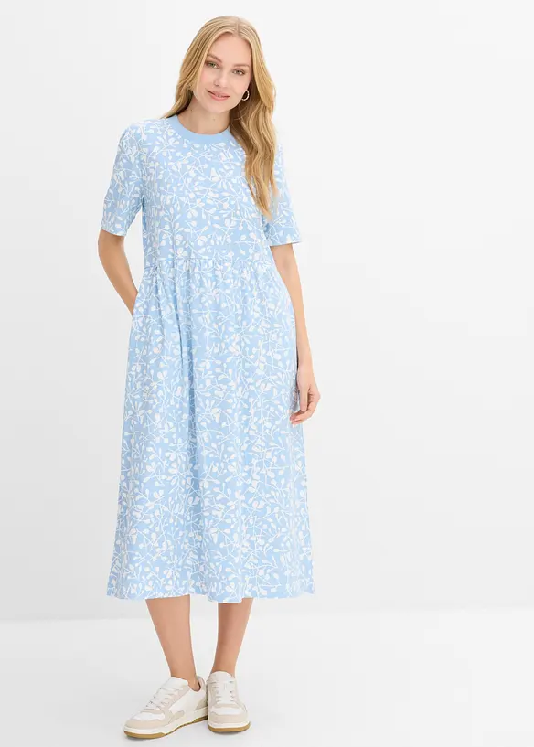 Ausgestelltes Jerseykleid aus schwerer Bio-Baumwolle in blau von vorne (Totalaufnahme) - bonprix