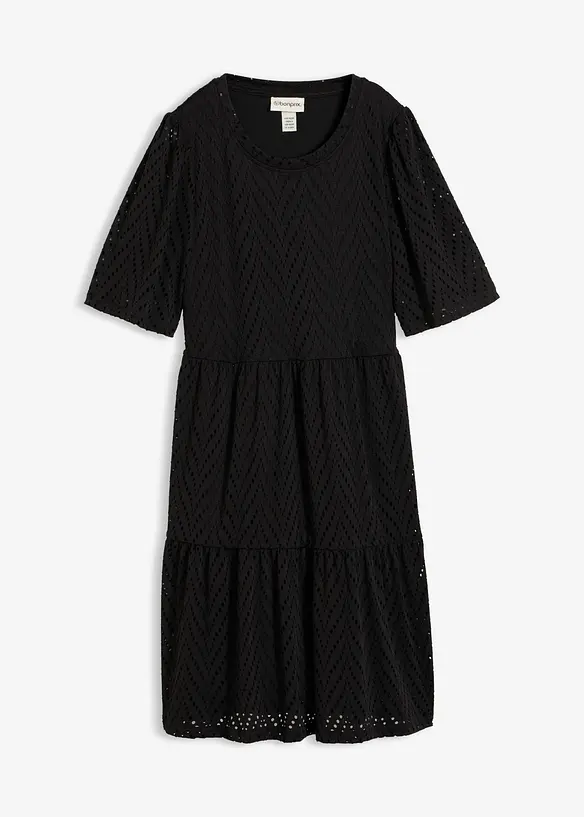 Shirtkleid mit Lochstickerei aus Borkenkrepp in schwarz von vorne - bonprix