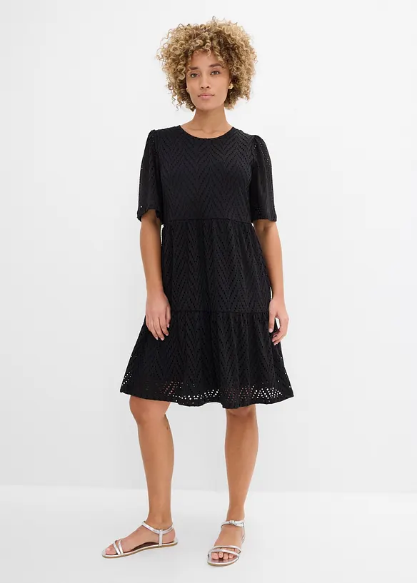 Shirtkleid mit Lochstickerei aus Borkenkrepp in schwarz von vorne (Totalaufnahme) - bonprix