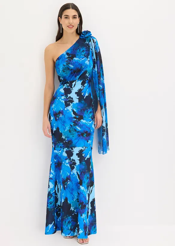 Abendkleid mit One-Shoulder und Blumen-Applikation in blau von vorne (Totalaufnahme) - bonprix
