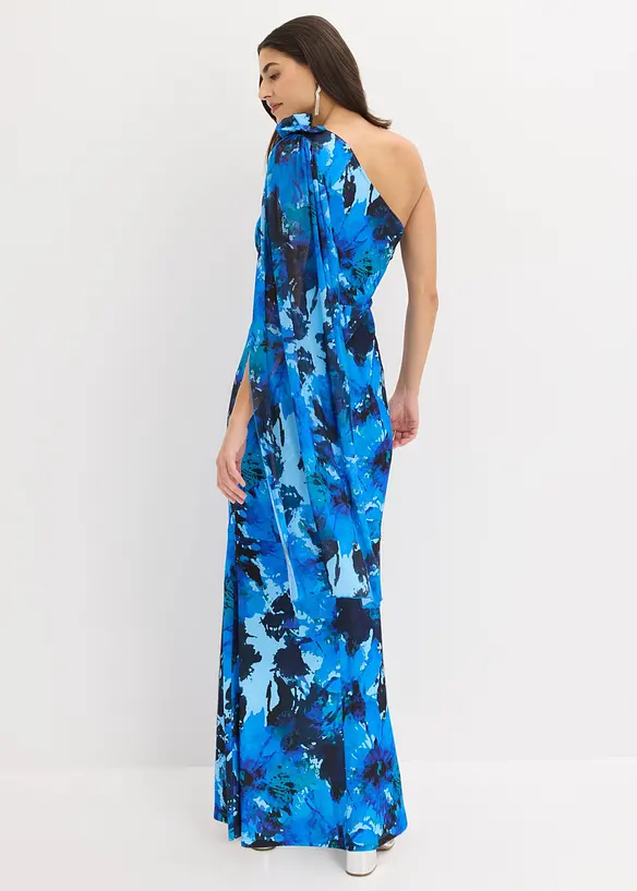 Abendkleid mit One-Shoulder und Blumen-Applikation in blau von hinten (Totalaufnahme) - bonprix