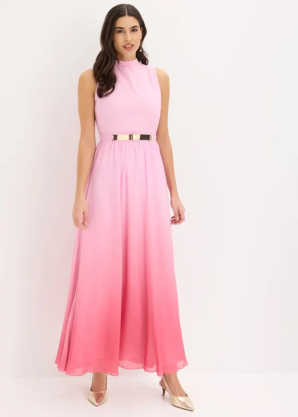 Chiffonkleid mit Kragen und Taillen-Einsatz in rosa von vorne (Totalaufnahme) - bonprix Chiffonkleid mit Kragen und Taillen-Einsatz in rosa von vorne (Totalaufnahme) - bonprix