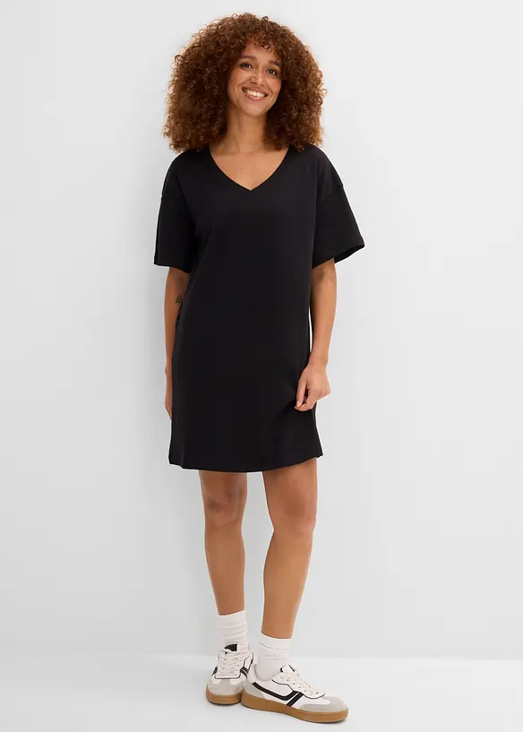 Oversize-Shirtkleid mit aus reiner Baumwolle (2er Pack) in schwarz von vorne (Totalaufnahme) - bonprix