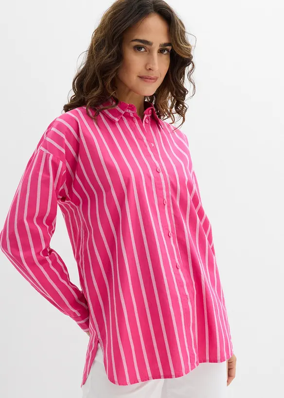 Oversize-Hemdbluse aus reiner Baumwolle in pink von vorne (im Anschnitt) - bonprix