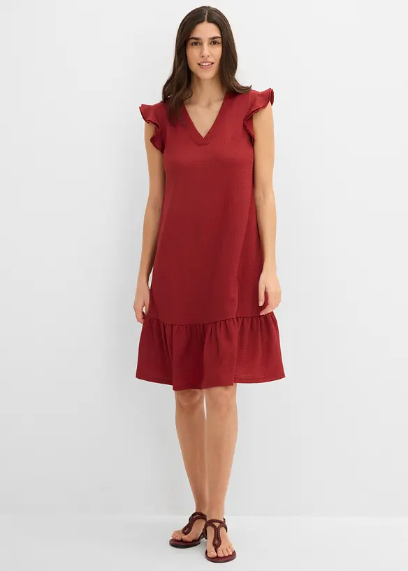 Jerseykleid mit Volant in rot von vorne (Totalaufnahme) - bonprix