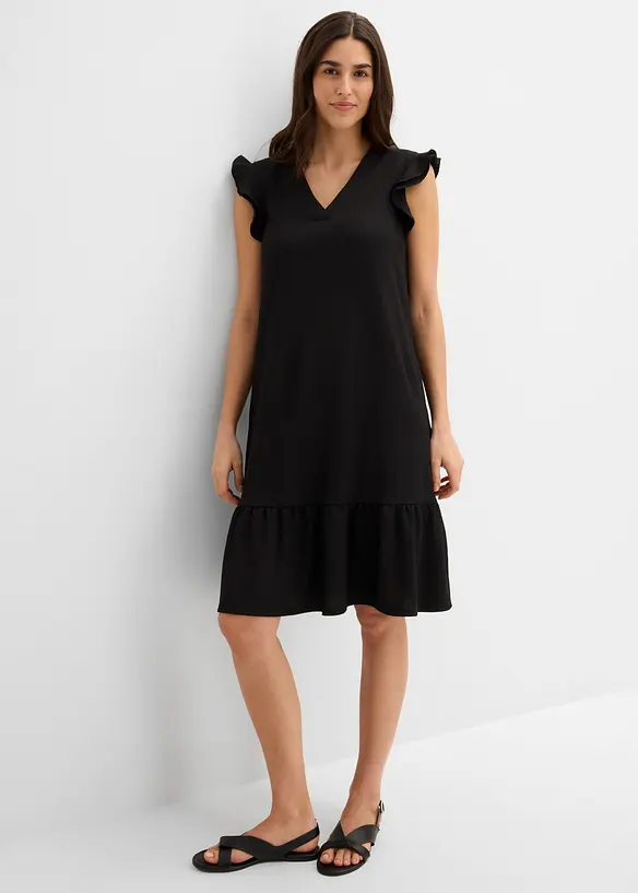 Jerseykleid mit Volant in schwarz von vorne (Totalaufnahme) - bonprix