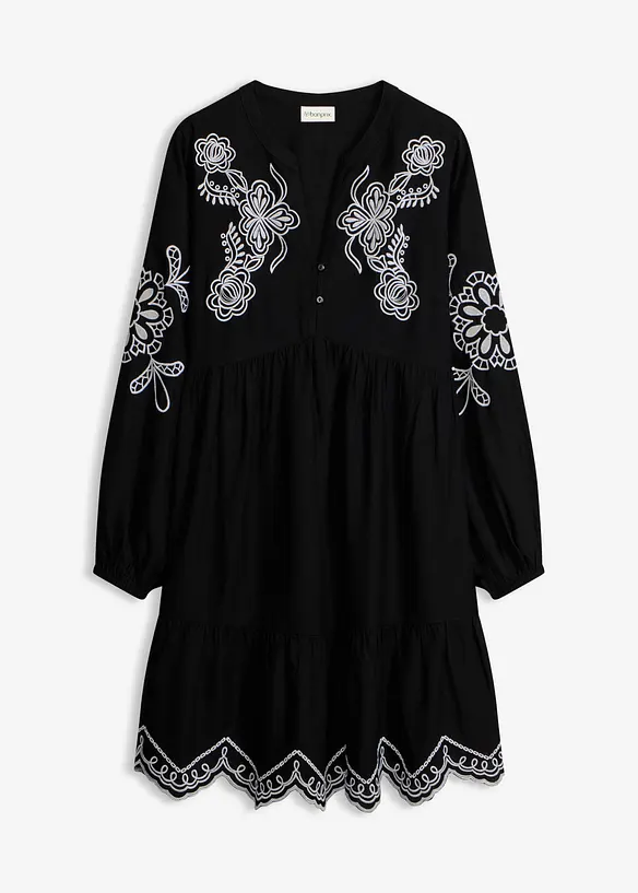Tunika-Kleid aus fließender Viskose mit Stickerei in schwarz von vorne - bonprix Tunika-Kleid aus fließender Viskose mit Stickerei in schwarz von vorne - bonprix