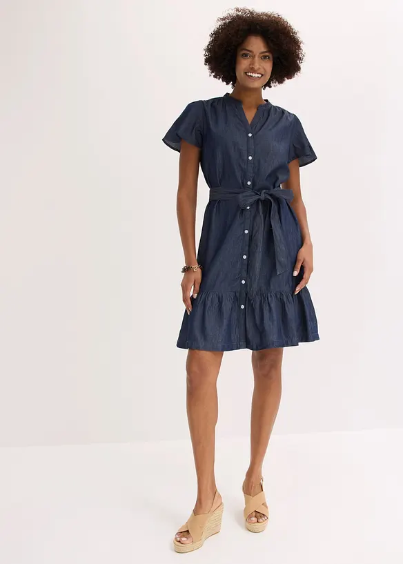 Jeanskleid mit Volant in blau von vorne (Totalaufnahme) - bonprix
