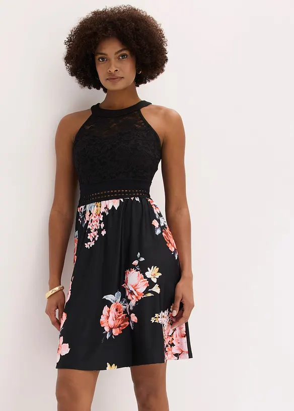 Jerseykleid mit Spitze in schwarz von vorne (Totalaufnahme) - bonprix
