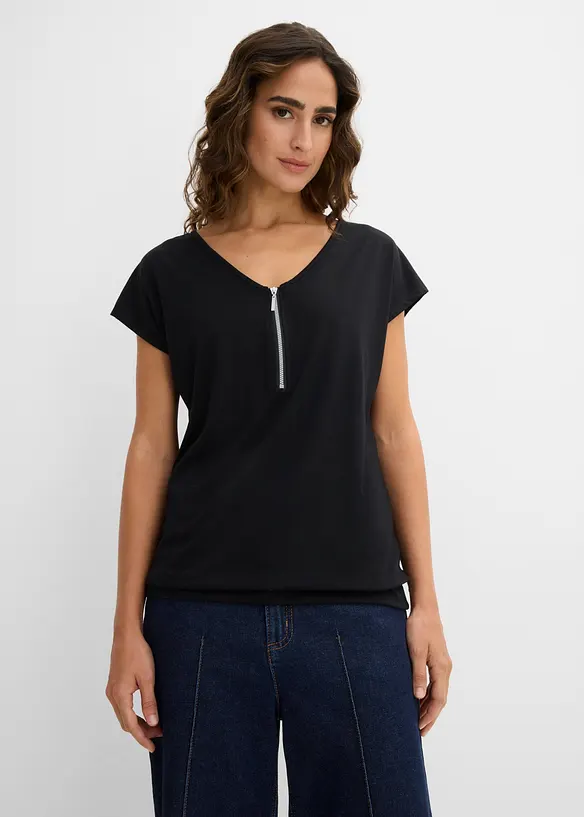 Shirt mit Reißverschluss, Kurzarm in schwarz von vorne (im Anschnitt) - bonprix
