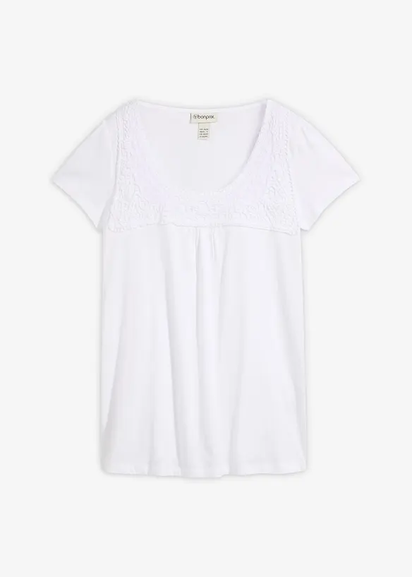 Baumwoll Shirt mit Spitze, Kurzarm in weiß von vorne - bonprix