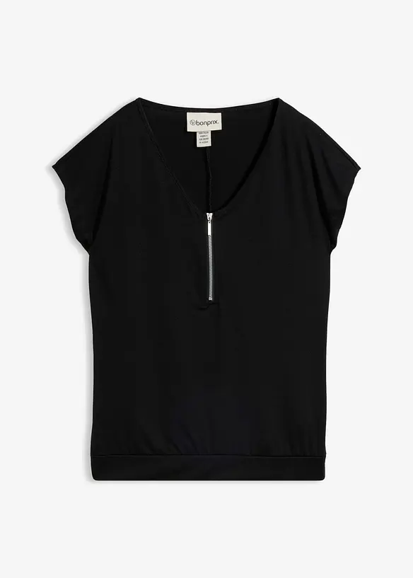 Shirt mit Reißverschluss, Kurzarm in schwarz von vorne - bonprix