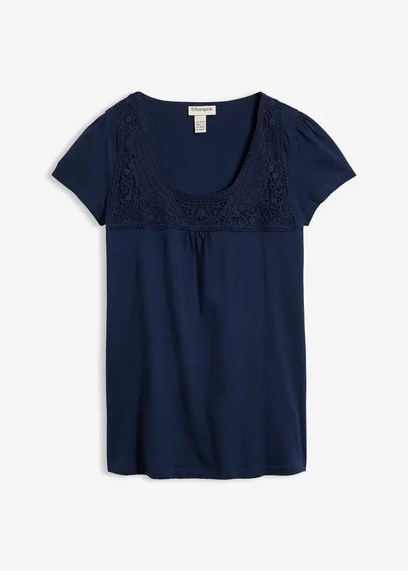 Baumwoll Shirt mit Spitze, Kurzarm in blau von vorne - bonprix