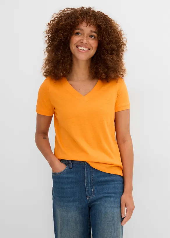 T-Shirt aus reiner Baumwolle in orange von vorne (im Anschnitt) - bonprix