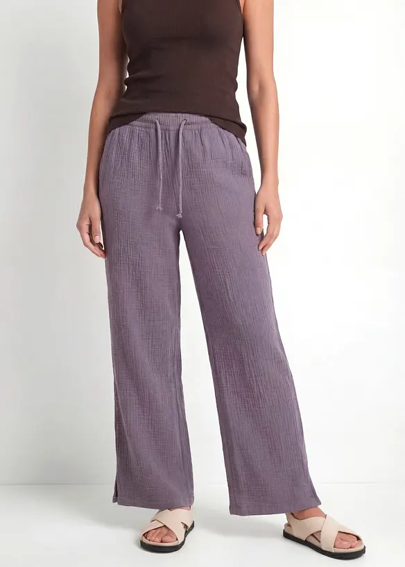 Musselin-Palazzo-Hose aus reiner Baumwolle in lila von vorne - bonprix Musselin-Palazzo-Hose aus reiner Baumwolle in lila von vorne - bonprix