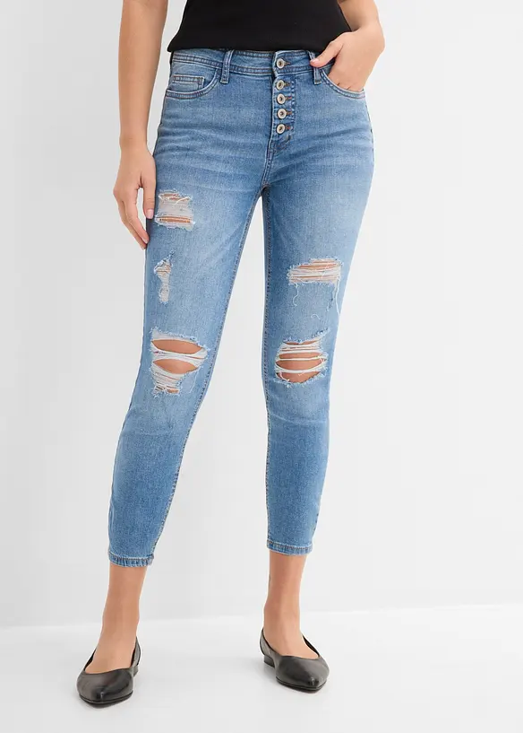 Skinny-Jeans, Mid Waist, Destroyed in blau von vorne - bonprix