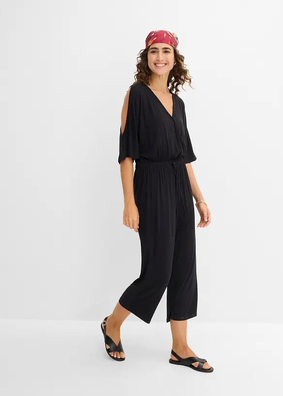 Jersey-Jumpsuit aus fließender Viskose in schwarz von vorne (Totalaufnahme) - bonprix