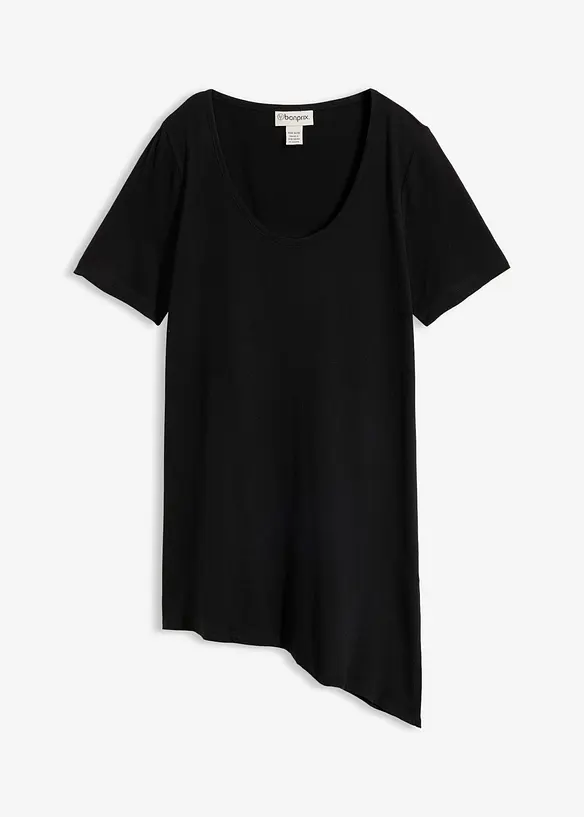 Asymetrisches Longshirt aus Baumwoll-Viskose-Mischung in schwarz von vorne - bonprix