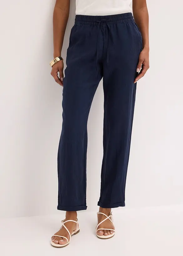 Leinenhose mit Elastik-Bündchen in blau von vorne - bonprix