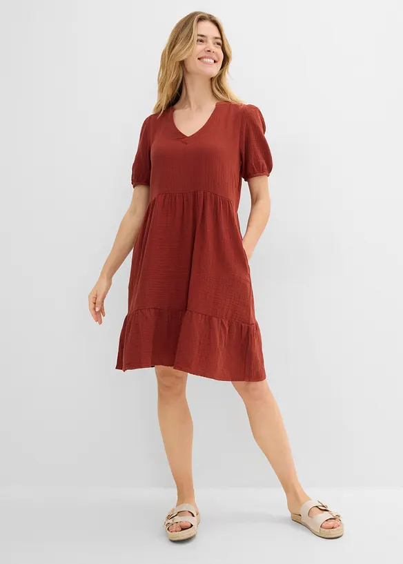 Musselin-Oversize-Kleid aus reiner Baumwolle in braun von vorne (Totalaufnahme) - bonprix