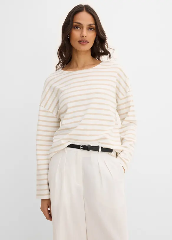 Gestreiftes Langarmshirt aus Bio-Baumwolle in beige von vorne (im Anschnitt) - bonprix Gestreiftes Langarmshirt aus Bio-Baumwolle in beige von vorne (im Anschnitt) - bonprix