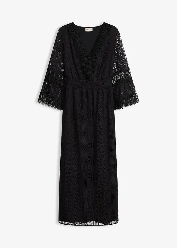 Maxikleid in Crochet-Optik  und Spitzendetails in schwarz von vorne - bonprix