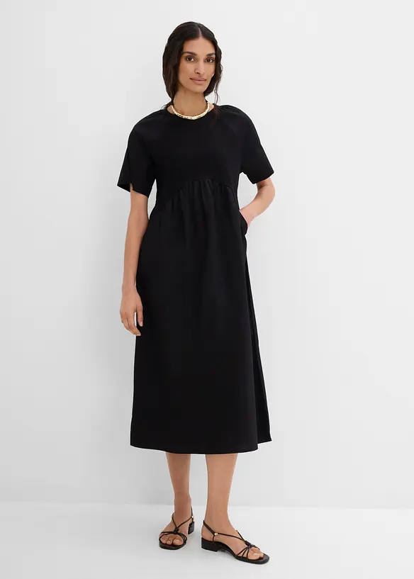 Midikleid mit Warenmix aus reiner Baumwolle in schwarz von vorne (Totalaufnahme) - bonprix