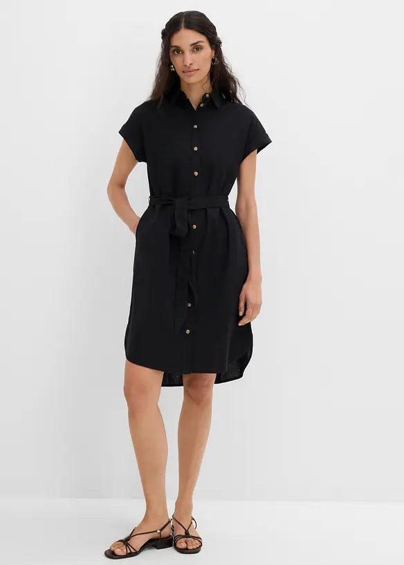 Hemdblusenkleid mit Leinenanteil und Bindegürtel in schwarz von vorne (Totalaufnahme) - bonprix Hemdblusenkleid mit Leinenanteil und Bindegürtel in schwarz von vorne (Totalaufnahme) - bonprix