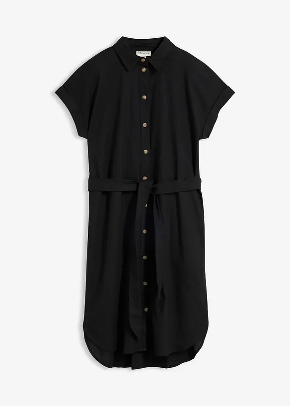 Hemdblusenkleid mit Leinenanteil und Bindegürtel in schwarz von vorne - bonprix Hemdblusenkleid mit Leinenanteil und Bindegürtel in schwarz von vorne - bonprix
