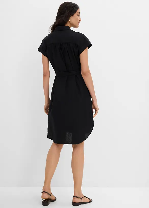 Hemdblusenkleid mit Leinenanteil und Bindegürtel in schwarz von hinten (Totalaufnahme) - bonprix Hemdblusenkleid mit Leinenanteil und Bindegürtel in schwarz von hinten (Totalaufnahme) - bonprix