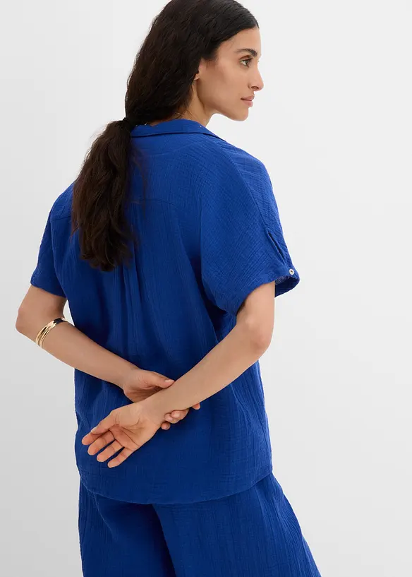 Musselin-Tunikabluse aus reiner Baumwolle in blau von hinten (im Anschnitt) - bonprix