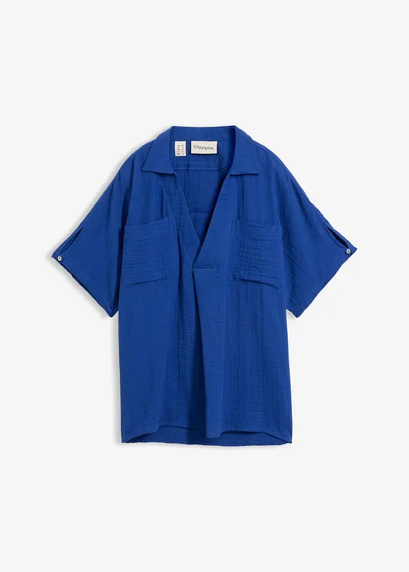 Musselin-Tunikabluse aus reiner Baumwolle in blau von vorne - bonprix